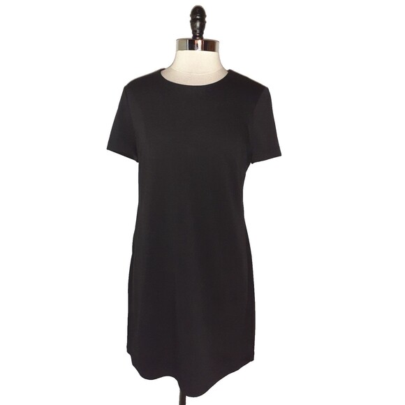 CALVIN KLEIN Size 12 Shift Dress Black Short Sleeve Gold Zipper Pockets Stretch - Picture 1 of 4